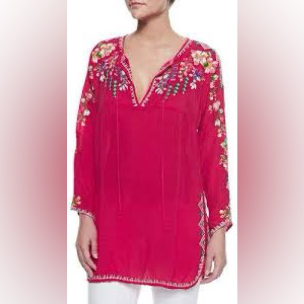NWT Johnny Was Vanessa Cupro Red Embroidered Long Sleeve Tunic Boho Luxe S